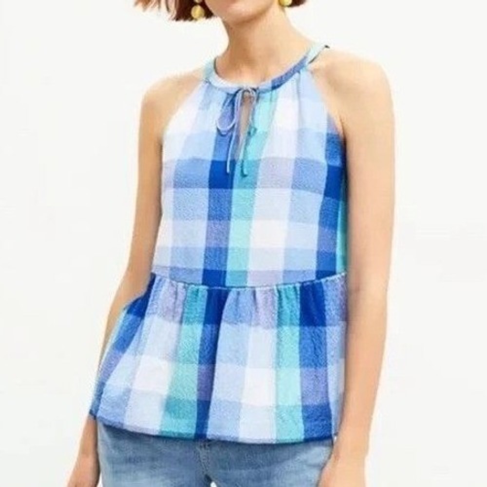LOFT Womens Top Small Blue Buffalo Check Keyhole‎ Peplum Halter Boho Coastal NWT